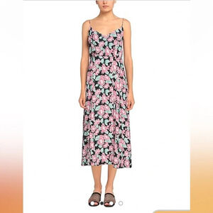 LES RÊVERIES Floral Midi 100% Silk Dress Pink Black Size 6